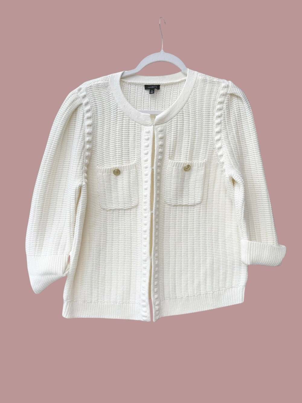 Talbots Ivory Textured Knit Button-Front Cardigan with Puff Sleeves